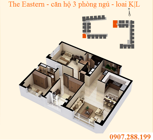 BỐ TRÍ CĂN HỘ 3 PHÒNG NGỦ - THE EASTERN - LOẠI K/L